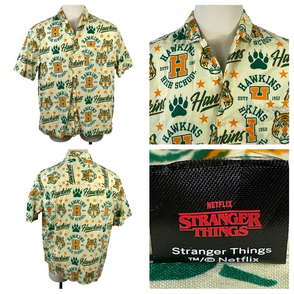 Men's H&M Stranger Things Hawkins High School Short Sleeve Button‎ Down XL 0141